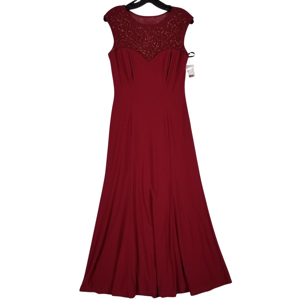 Cachet Gown Women Size 10 Burgundy Beaded Illusion Mesh Maxi Dress Y2K